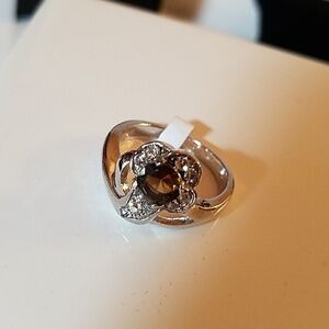 Brown Rhinestone Silver Tone Ring Size 10